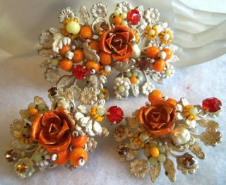 Robert Signed Miriam Haskel White Enamel Coral Glass Flower Brooch & Earrings