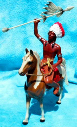Vtg 1950s Wells Lamont Corp Plastic Horse & Indian Rider W/headdress & Weapons
