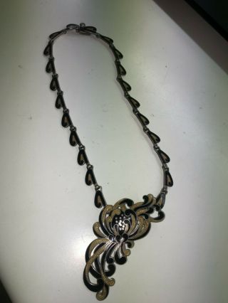 Art Decó Margot De Taxco Crysanthenum Enamel Sterling Silver Necklace Brooch
