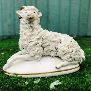 Mid 19thc Staffordshire Recumbent Sheep With Applied Chipped Decor C1840s