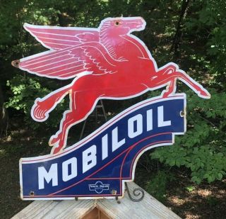 Vintage Mobiloil Pegasus Porcelain Sign Mobil Gas Oil Pump Plate Station