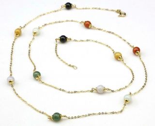 Vintage 14k Yellow Gold 585 Multi Color Spherical Jade Long Chain Necklace 30 "
