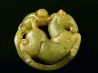 Fine Chinese Jade Hand Carved Monkey On Horse Pendant F230