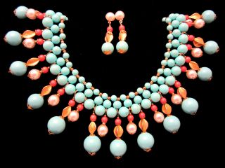 Rare Vintage Signed Miriam Haskell 16 " X2 - 1/4 " Bib Necklace & 2 " Earring Set A38