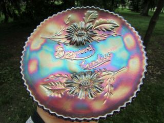 Fenton BRAZER ' S CANDIES ANTIQUE CARNIVAL ART GLASS ADVERTISING PLATE PURPLE 5