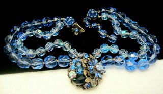Rare Vintage 18”x1 - 1/4” Signed Demario Blue Glass Rhinestone Crystal Necklace 46