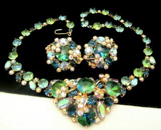 Vintage Juliana D&e Goldtone Green Glass Rhinestone Necklace & Earring Set M3