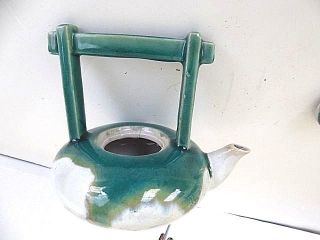 Antique Japanese Awaji glazed Pottery Arts & Crafts Green teapot w handle 3