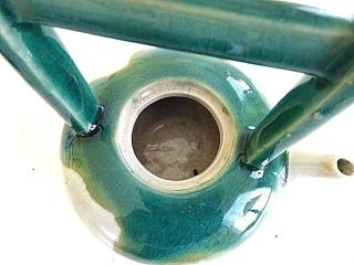 Antique Japanese Awaji glazed Pottery Arts & Crafts Green teapot w handle 4