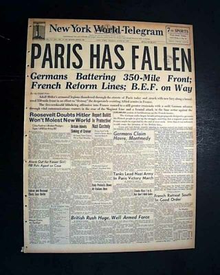 Great Fall Of Paris France World War Ii Germans Enter City 1940 Wwii Newspaper