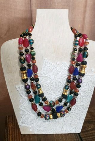 Jose and Maria Barrera Gold plated three strands Necklace agate cloisonne 3