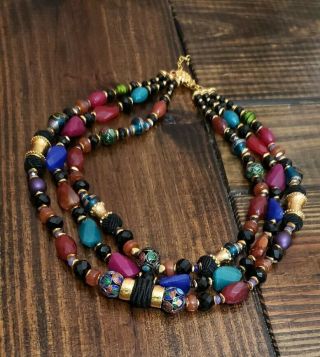 Jose and Maria Barrera Gold plated three strands Necklace agate cloisonne 4