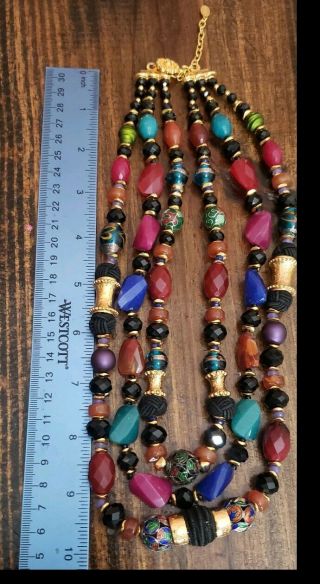 Jose and Maria Barrera Gold plated three strands Necklace agate cloisonne 9