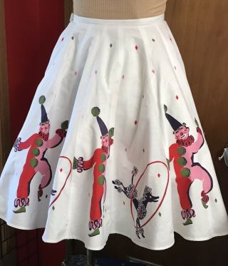 1950’s Clown & Poodle Novelty Print Cotton Skirt,  White Pink 32” W,  27” L