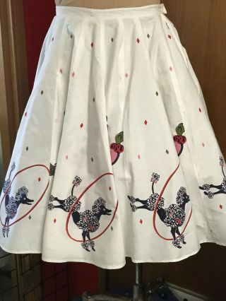 1950’s Clown & Poodle Novelty Print Cotton Skirt,  White Pink 32” W,  27” L 2