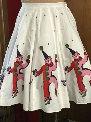 1950’s Clown & Poodle Novelty Print Cotton Skirt,  White Pink 32” W,  27” L 3