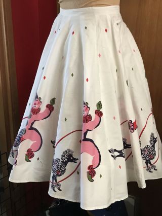 1950’s Clown & Poodle Novelty Print Cotton Skirt,  White Pink 32” W,  27” L 4