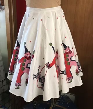 1950’s Clown & Poodle Novelty Print Cotton Skirt,  White Pink 32” W,  27” L 5