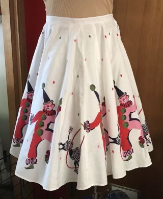 1950’s Clown & Poodle Novelty Print Cotton Skirt,  White Pink 32” W,  27” L 6