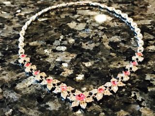 Signed BOGOFF Pink&Clear Rhinestone Flower Necklace Bracelet Earing Parure Set 10