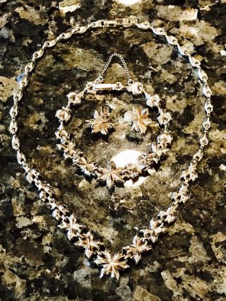 Signed BOGOFF Pink&Clear Rhinestone Flower Necklace Bracelet Earing Parure Set 12