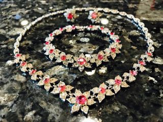 Signed Bogoff Pink&clear Rhinestone Flower Necklace Bracelet Earing Parure Set