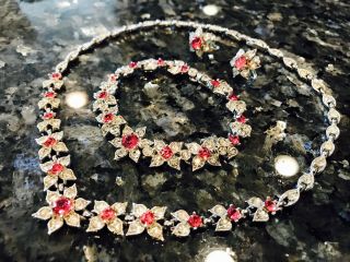 Signed BOGOFF Pink&Clear Rhinestone Flower Necklace Bracelet Earing Parure Set 2