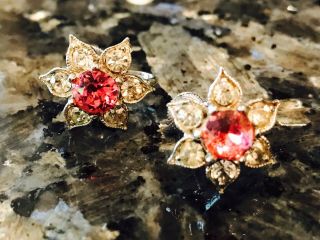 Signed BOGOFF Pink&Clear Rhinestone Flower Necklace Bracelet Earing Parure Set 6