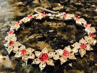 Signed BOGOFF Pink&Clear Rhinestone Flower Necklace Bracelet Earing Parure Set 8