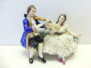 Vintage Dresden Germany Lace Lady Group Violin Player Book Reading Figurine