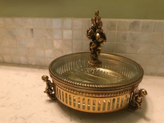 Vtg Ormolu Brass Glass Cherub Footed Soap Trinket Dish With Lid Roses