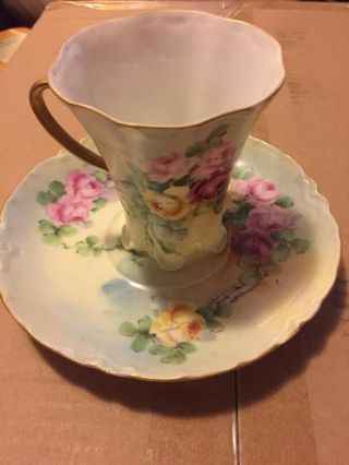 Vintage Limoge Tea Cup And Saucer,  Floral Pattern,  Gilded Handle.  Green Mark