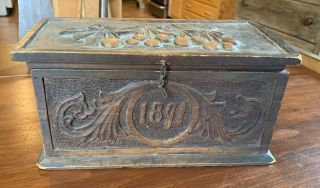 Antique Victorian Carved Wood Jewelry Trinket Box,  Dated 1891