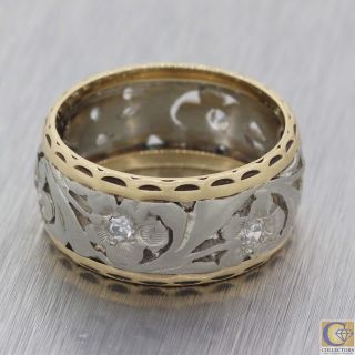 1880s Antique Victorian 14k Rose White Gold Diamond 8mm Wide Floral Band Ring M8