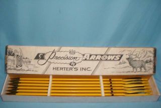 12 Vintage Herters Precision Hunting Arrows With Ram Broadheads And Box