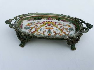 Vintage Asian Chinese Porcelain Footed Dish W/ Gilt - Bronze Brass Trim