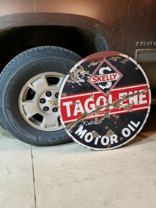 Skelly Tagoline Motor Oil 30 Inch Double Sided Porcelain Sign Rare Vintage