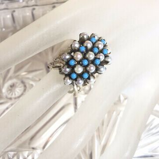 Antique Victorian 9k Gold Large Cocktail Ring Persian Turquoise Seed Pearl