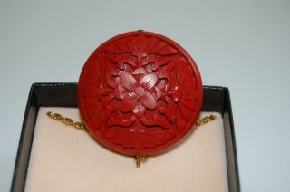 1970 ' s Hand Carved Cinnabar Pendant of a flower w/ a Gold filled chain 2