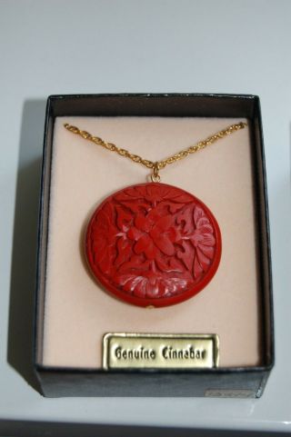 1970 ' s Hand Carved Cinnabar Pendant of a flower w/ a Gold filled chain 3