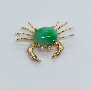 Vintage 14k Yellow Gold Green Jade & Diamond Small Figural Crab Pin