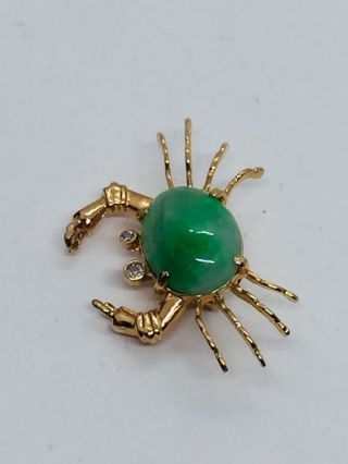 Vintage 14k Yellow Gold Green Jade & Diamond Small Figural Crab Pin 2