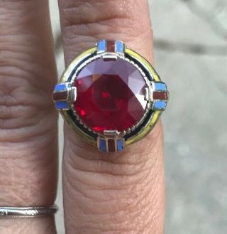 Lafrance - Antique/art Deco - Enamel & Filigree - 14k Gold Synthetic Ruby Ring
