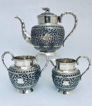 Antique Indian Raj Silver Three Piece Tea Set Cutch Kutch Elephant Finial