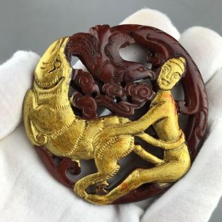 Chinese Old Jade Statue Carved By Men And Women Hand Painted Gold Paint H413