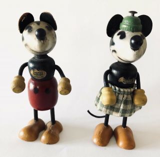 Vintage Walt Disney Mickey & Minnie Mouse Fun - E - Flex Wood Figure