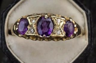Victorian Antique Yellow Gold Amethyst And Diamond 3 Stone Ring Band 18ct