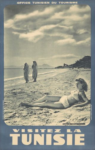 Vintage Poster Tunisia Beach Bikini Travel 1955 French