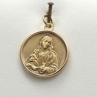 18K Gold 750 Italy 2 Sided Sacred Heart Jesus Virgin Mary Medal Charm Pendant 4
