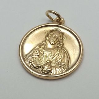 18K Gold 750 Italy 2 Sided Sacred Heart Jesus Virgin Mary Medal Charm Pendant 6